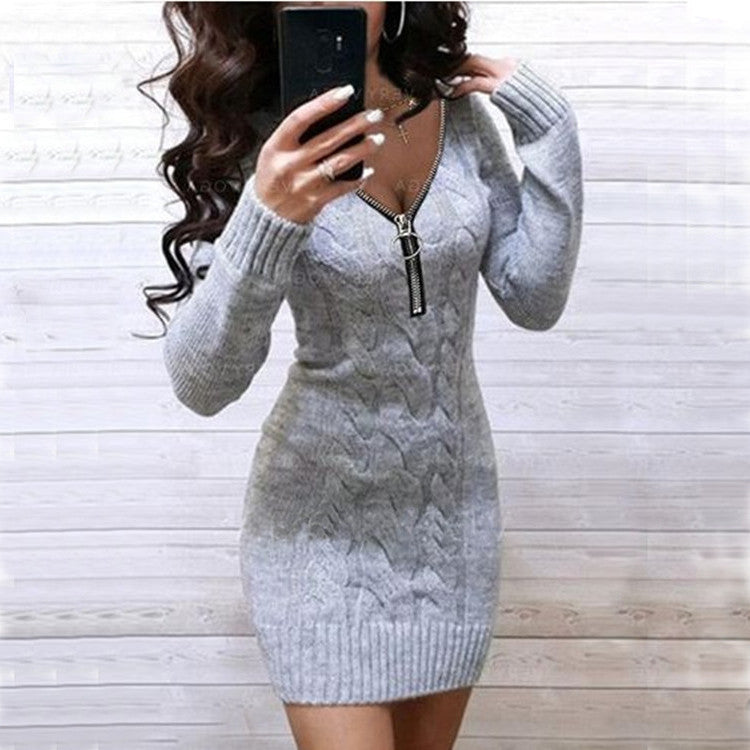 Solid Sweater V-Neckline Above Knee Bodycon Dress