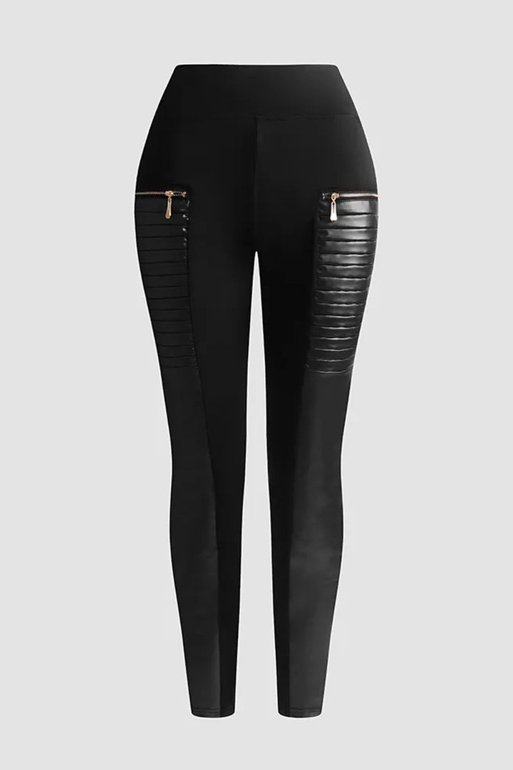 Contrast Panel Zipper Detail Faux Leather Pants