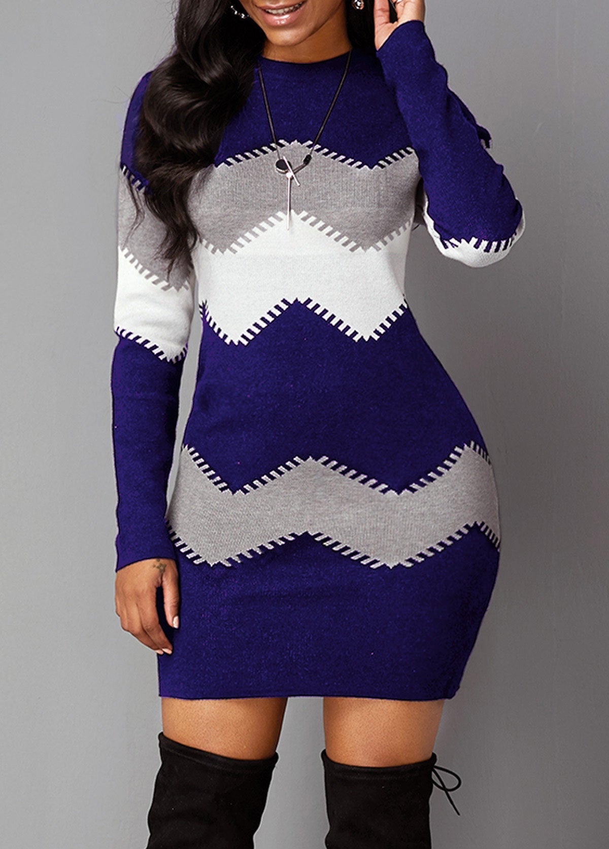 Mock Neck Long Sleeve Chevron Pattern Sweater Dress