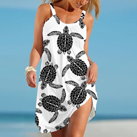 Beach Sexy Black Sea Turtle Element Print Sling Dress