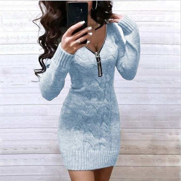 Solid Sweater V-Neckline Above Knee Bodycon Dress