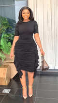 Elegant Office Lady Summer  Ruffles Decor O-Neck Short Sleeve Mid Waist Slim Hips Dress