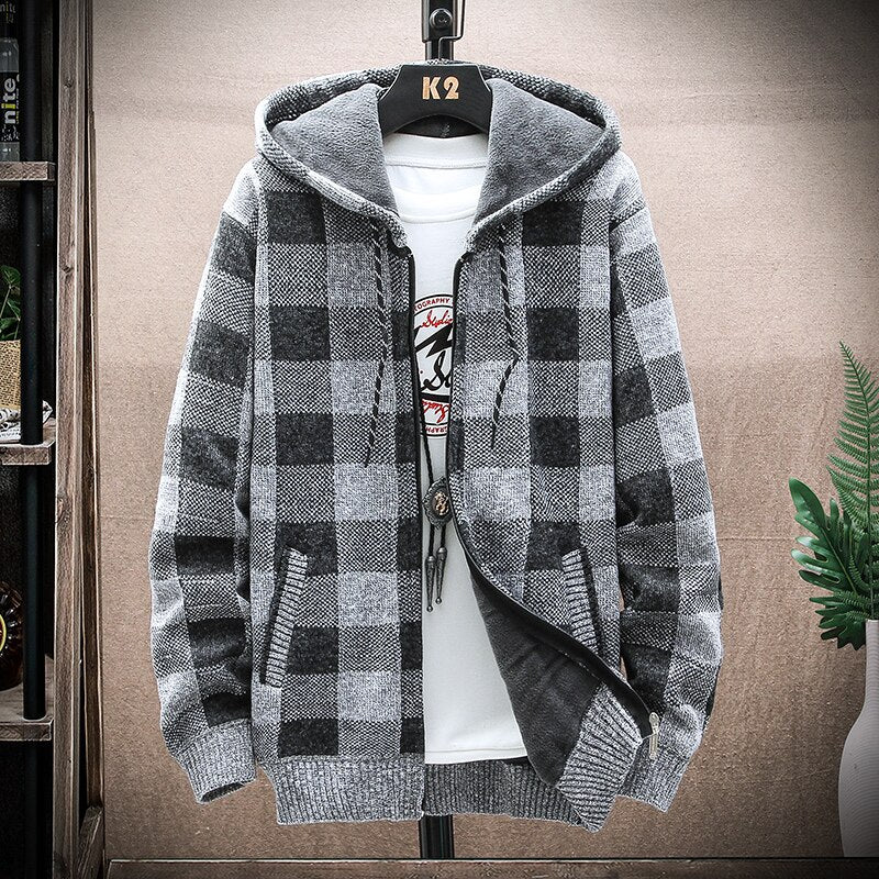 2022 Autumn Men's Cardigan Knitted Sweater Coat Grid Jacket