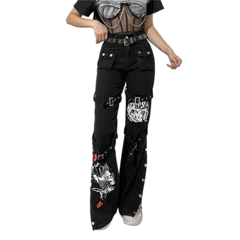 Street trendy cool style printed metal buckle denim drape trousers