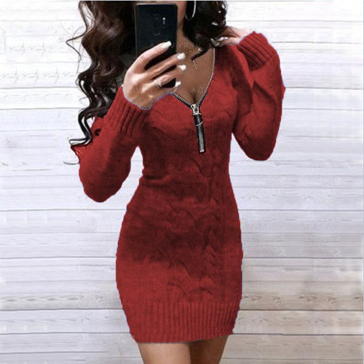 Solid Sweater V-Neckline Above Knee Bodycon Dress