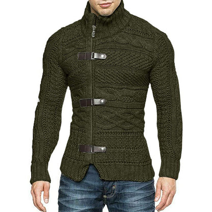 2022 autumn/winter turtleneck sweater men's color matching leather button long-sleeved knitted cardigan