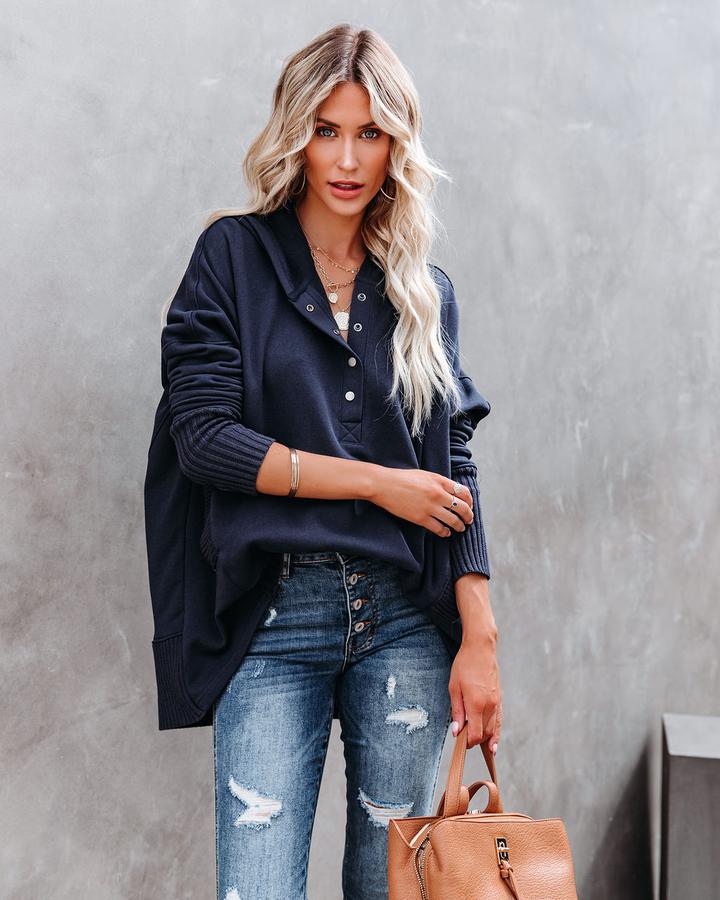 Flornana Casual Solid Pocket Buckle Hooded Collar Tops