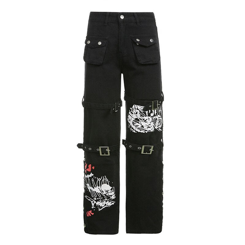 Street trendy cool style printed metal buckle denim drape trousers