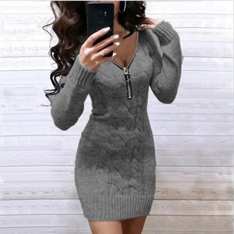 Solid Sweater V-Neckline Above Knee Bodycon Dress