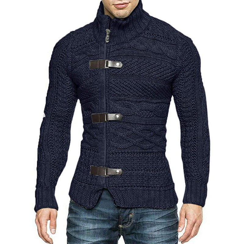 2022 autumn/winter turtleneck sweater men's color matching leather button long-sleeved knitted cardigan