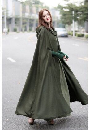 Women Hooded Style Ankle Length Woolen Long Cloak Loose Sleeveless Coats