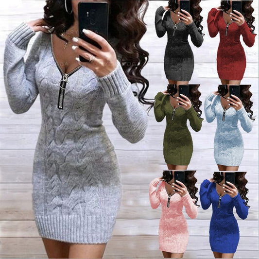 Solid Sweater V-Neckline Above Knee Bodycon Dress