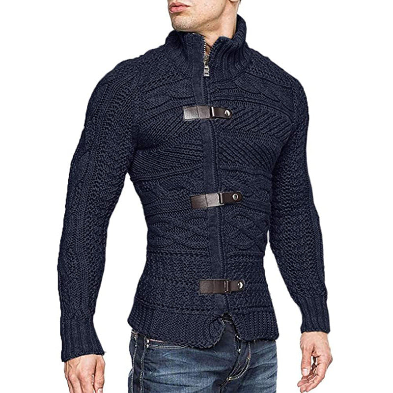 2022 autumn/winter turtleneck sweater men's color matching leather button long-sleeved knitted cardigan