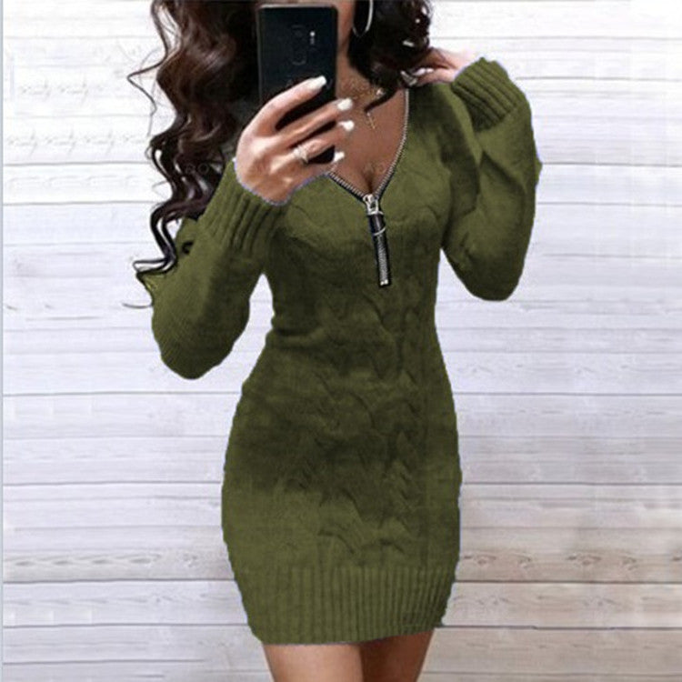 Solid Sweater V-Neckline Above Knee Bodycon Dress