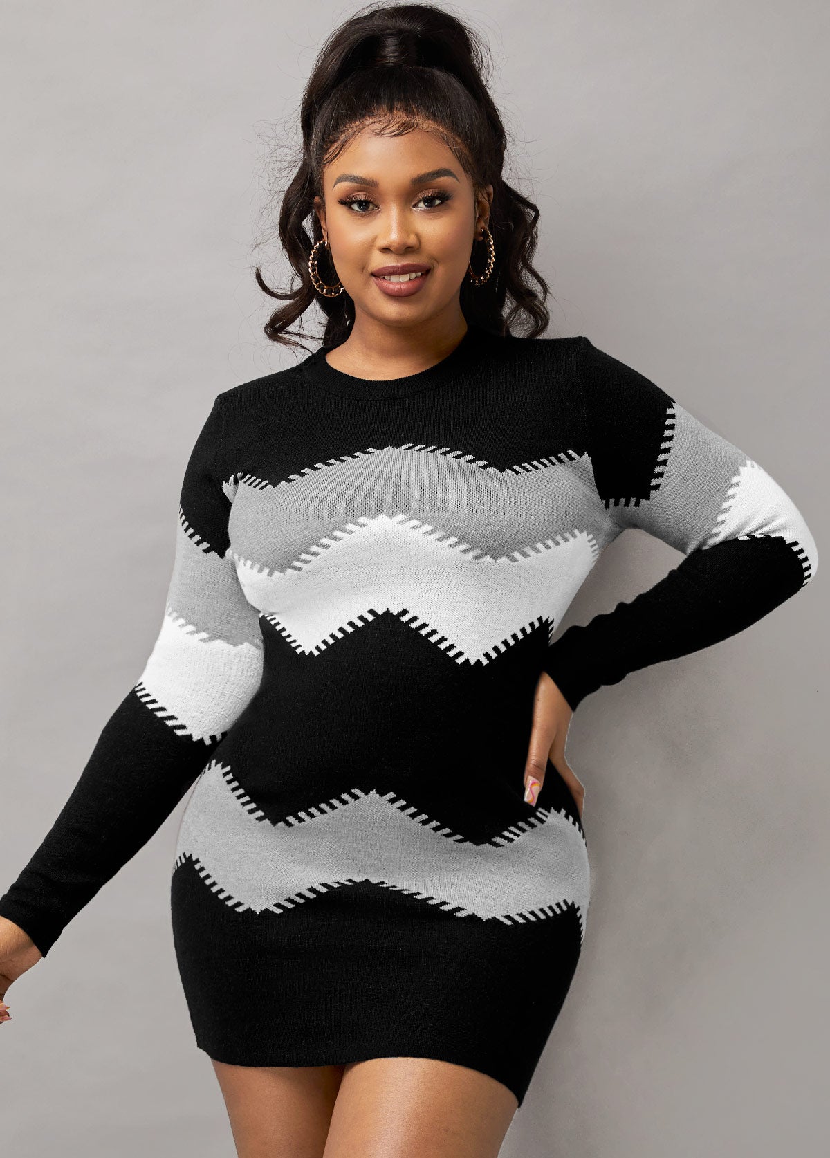 Mock Neck Long Sleeve Chevron Pattern Sweater Dress