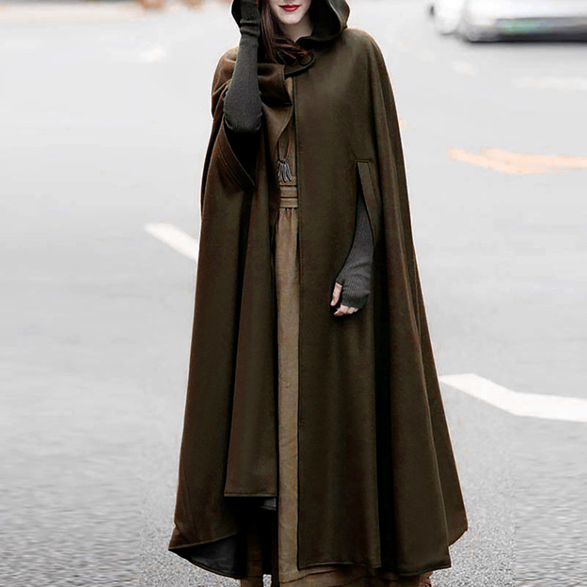 Women Hooded Style Ankle Length Woolen Long Cloak Loose Sleeveless Coats