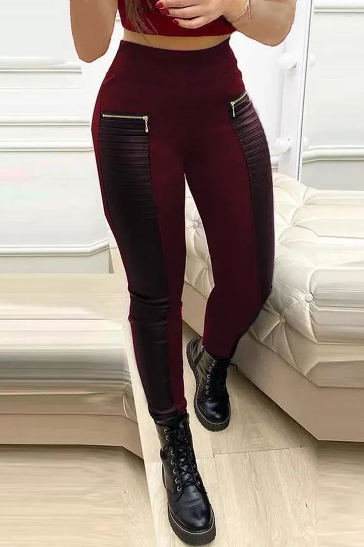 Contrast Panel Zipper Detail Faux Leather Pants