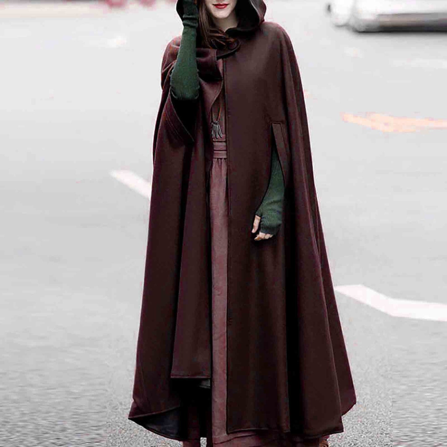 Women Hooded Style Ankle Length Woolen Long Cloak Loose Sleeveless Coats
