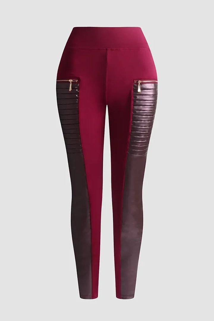 Contrast Panel Zipper Detail Faux Leather Pants