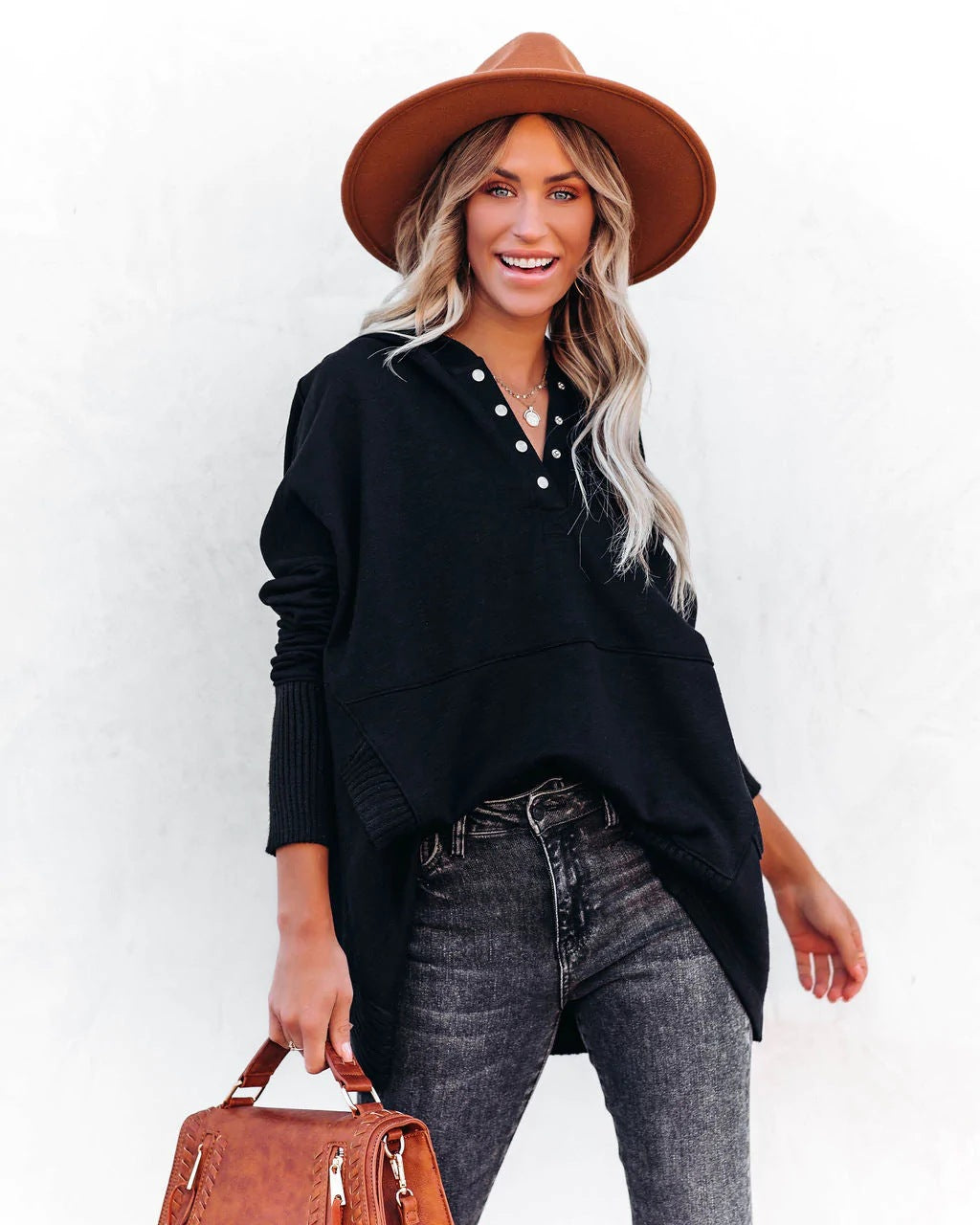 Flornana Casual Solid Pocket Buckle Hooded Collar Tops