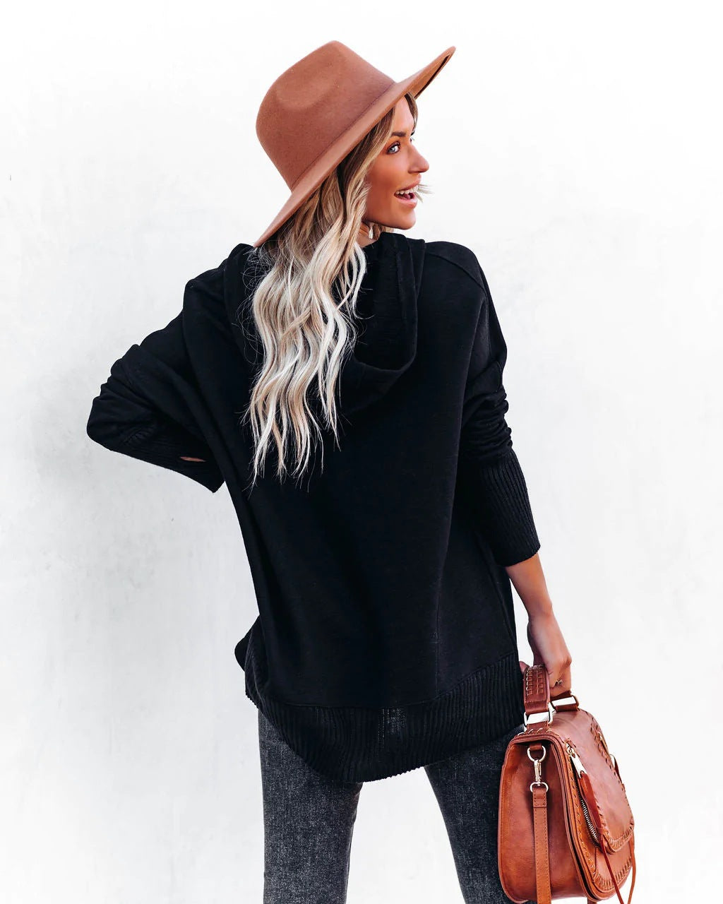 Flornana Casual Solid Pocket Buckle Hooded Collar Tops
