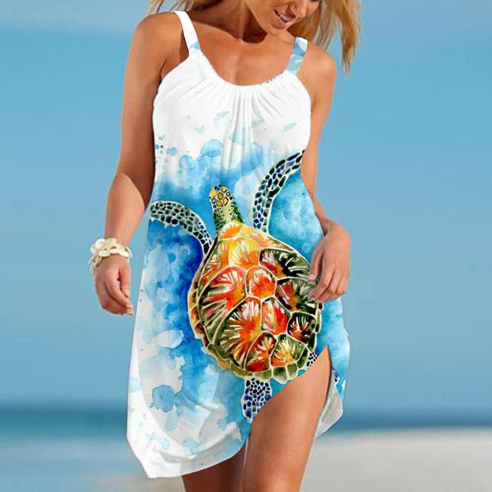 Beach Sexy Sea Turtle Element Print Sling Dress BEST