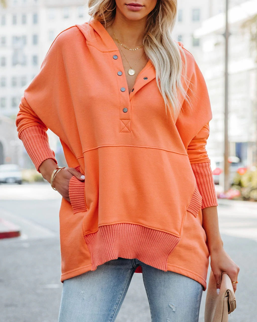 Flornana Casual Solid Pocket Buckle Hooded Collar Tops