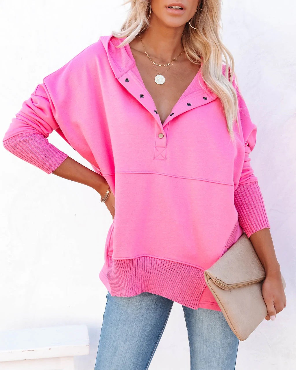 Flornana Casual Solid Pocket Buckle Hooded Collar Tops
