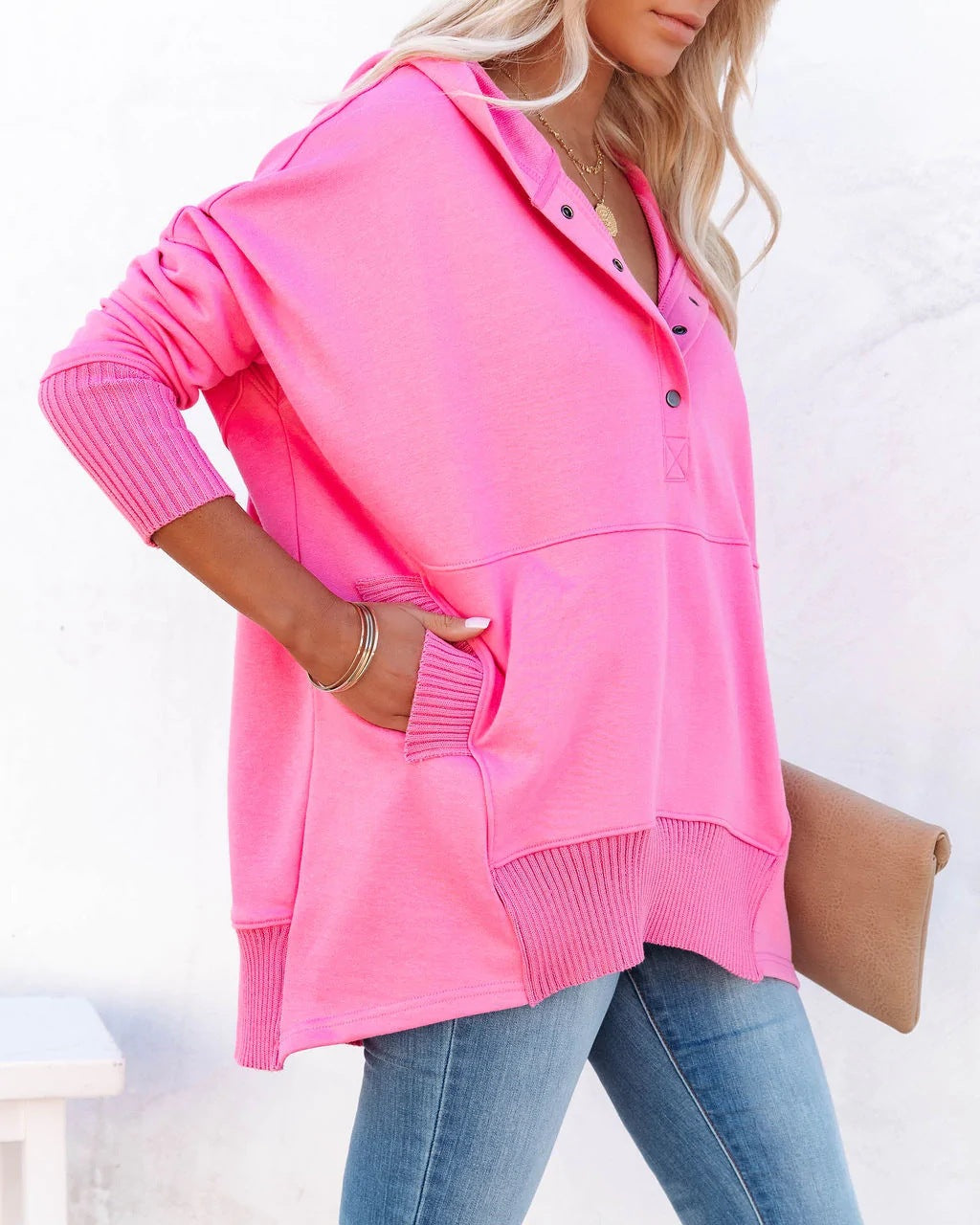 Flornana Casual Solid Pocket Buckle Hooded Collar Tops