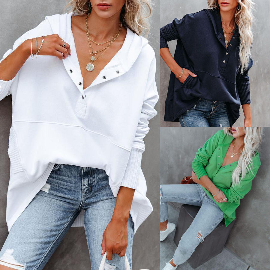 Flornana Casual Solid Pocket Buckle Hooded Collar Tops
