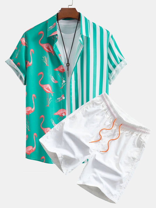 Flamingo Stripe Panel Shirt & Swim Shorts