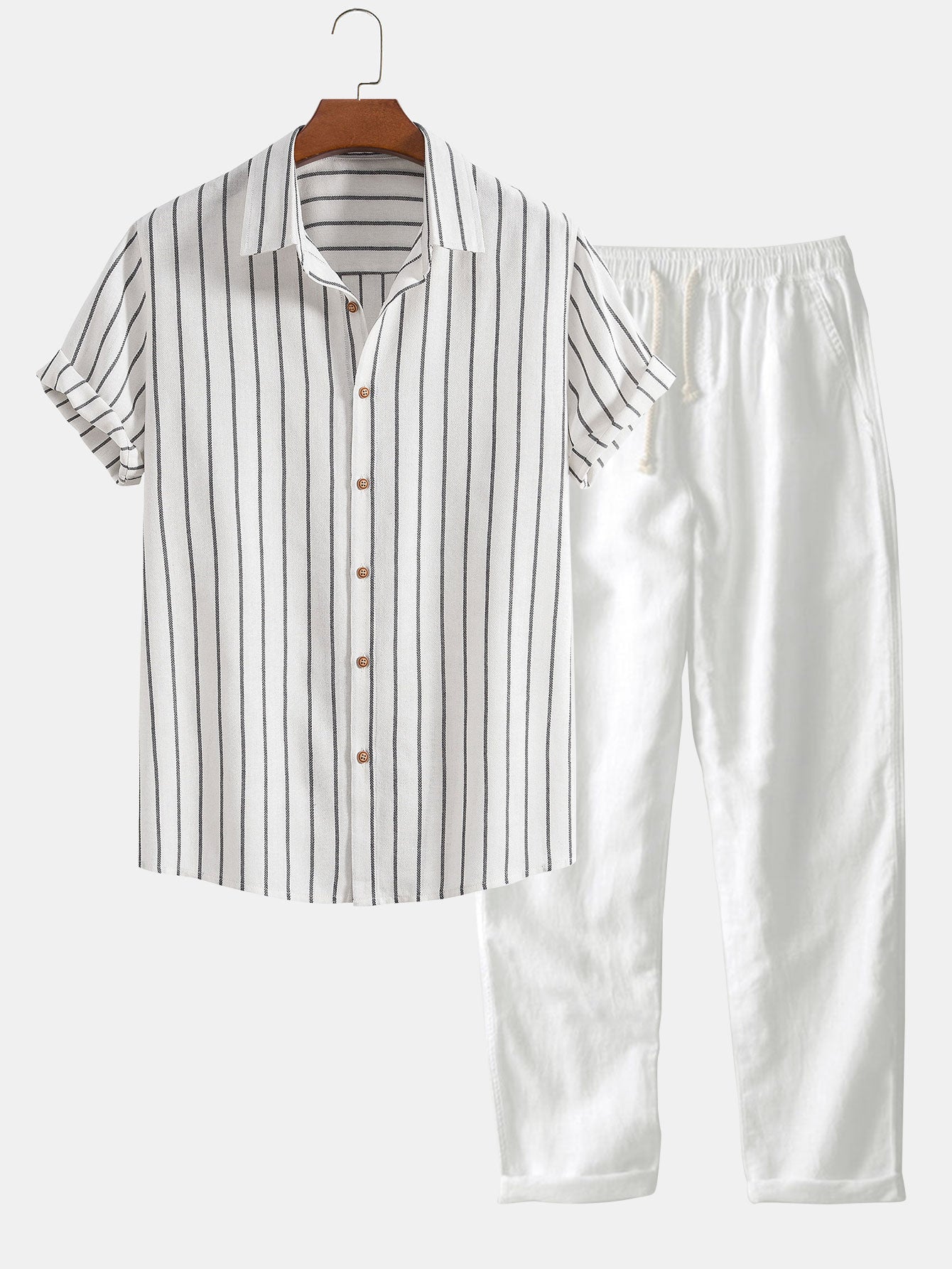 Cotton Blend Striped Button Up Shirt & Straight Leg Linen Pants