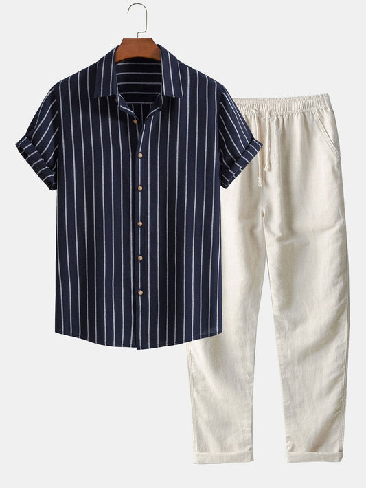 Cotton Blend Striped Button Up Shirt & Straight Leg Linen Pants