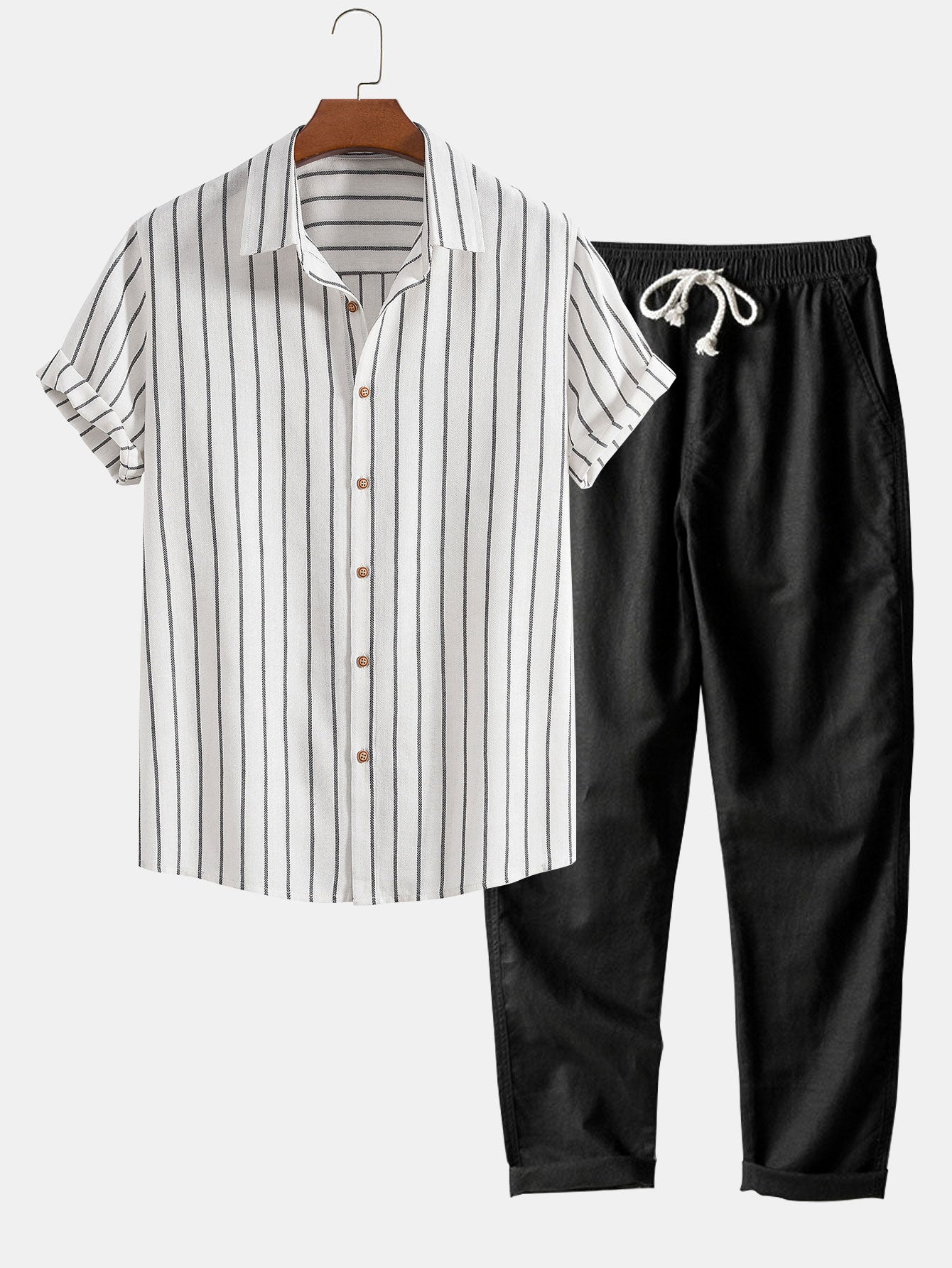 Cotton Blend Striped Button Up Shirt & Straight Leg Linen Pants