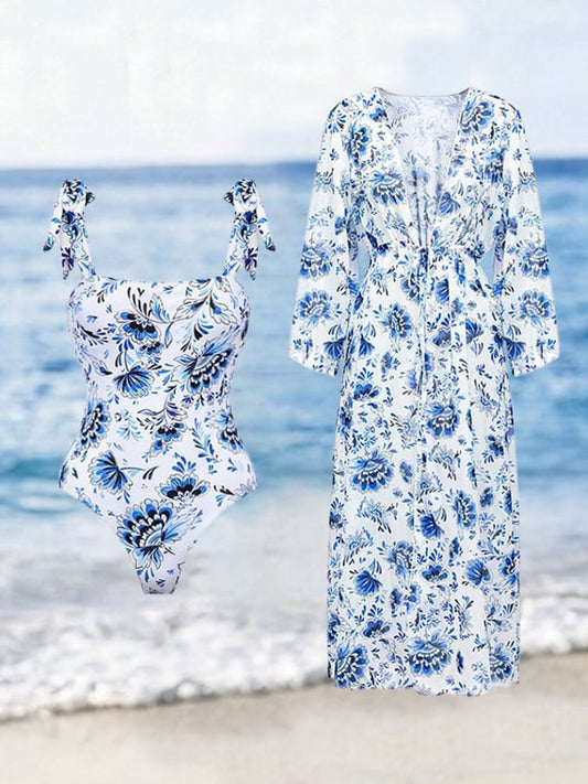 Blue Floral Print Swimsuit and Cover Up