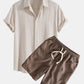 Linen Rayon Blend Button Up Shirt & Linen Cotton Blend Drawstring Shorts
