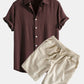 Linen Rayon Blend Button Up Shirt & Linen Cotton Blend Drawstring Shorts
