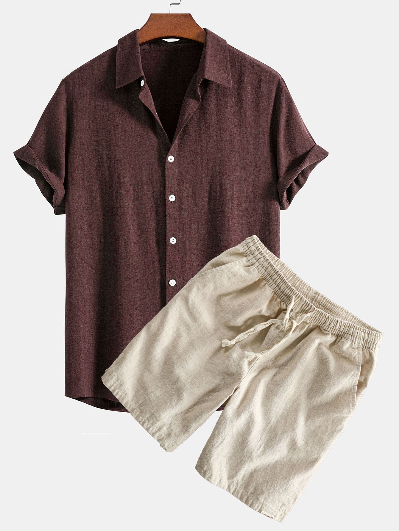 Linen Rayon Blend Button Up Shirt & Linen Cotton Blend Drawstring Shorts