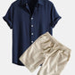 Linen Rayon Blend Button Up Shirt & Linen Cotton Blend Drawstring Shorts