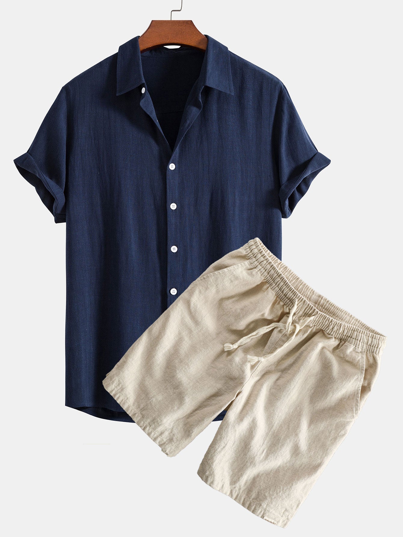 Linen Rayon Blend Button Up Shirt & Linen Cotton Blend Drawstring Shorts