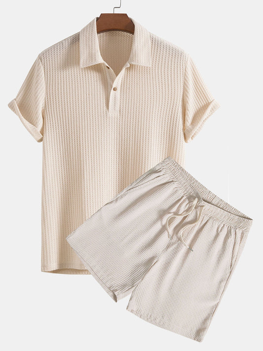 Knitted Waffle Polo Shirt & Waffle Drawstring Shorts