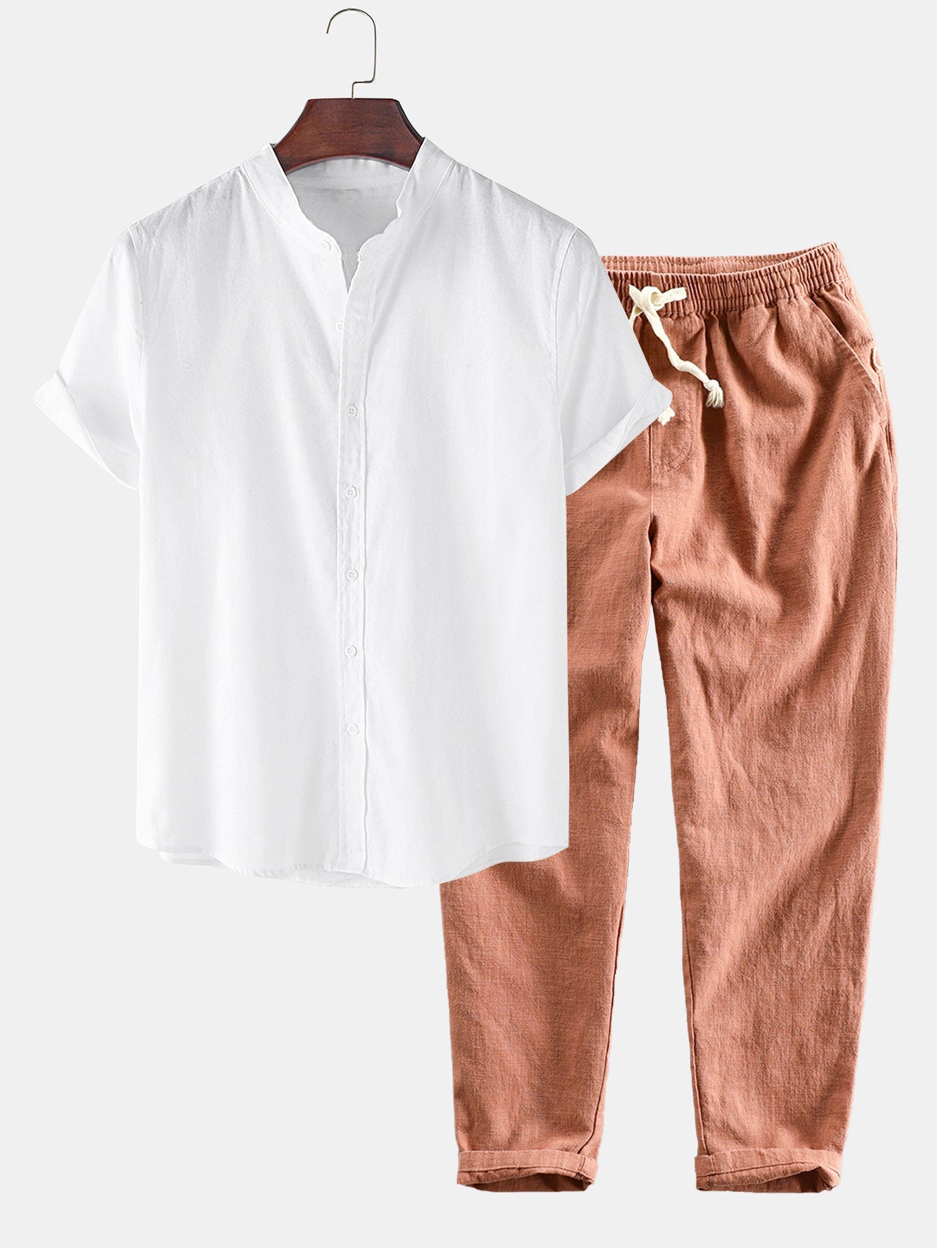 Linen Look Short Sleeve Stand Collar Shirt & Linen Cotton Blend Cropped Pants