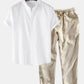 Linen Look Short Sleeve Stand Collar Shirt & Linen Cotton Blend Cropped Pants