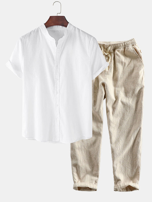 Linen Look Short Sleeve Stand Collar Shirt & Linen Cotton Blend Cropped Pants