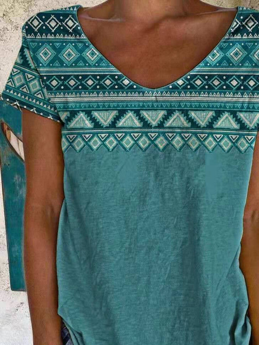 Western Geometric Print V-Neck T-Shirt