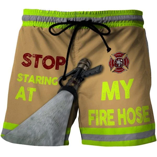 Stop staring at fire Hose Custom Beach Shorts - Swim Trunks