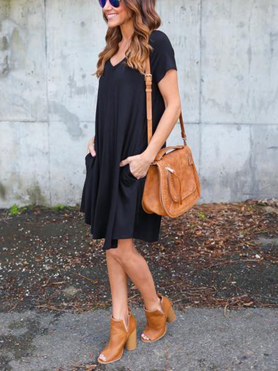 V-Neck Solid Color Dress