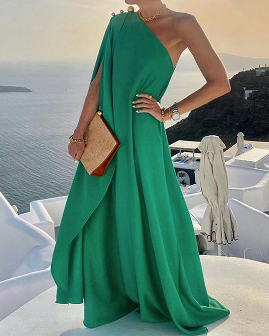 Solid Color Loose One Shoulder Long Dress