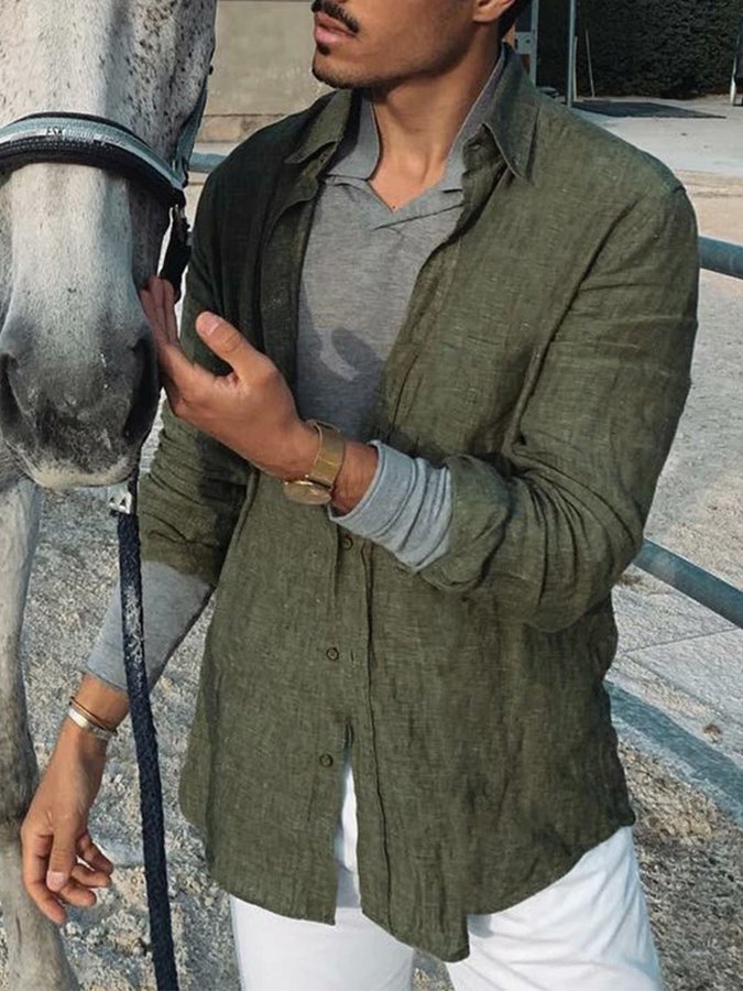 Men's cotton and linen button shirt