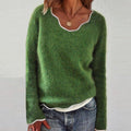 Olive Green White Trim Long Sleeved Sweater